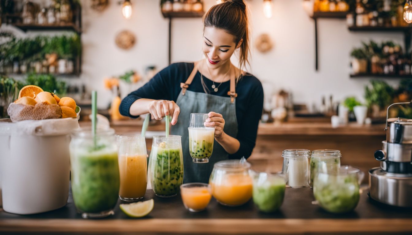 A woman prepares a colorful vegan bubble tea surrounded by fresh fruits and tea leaves.