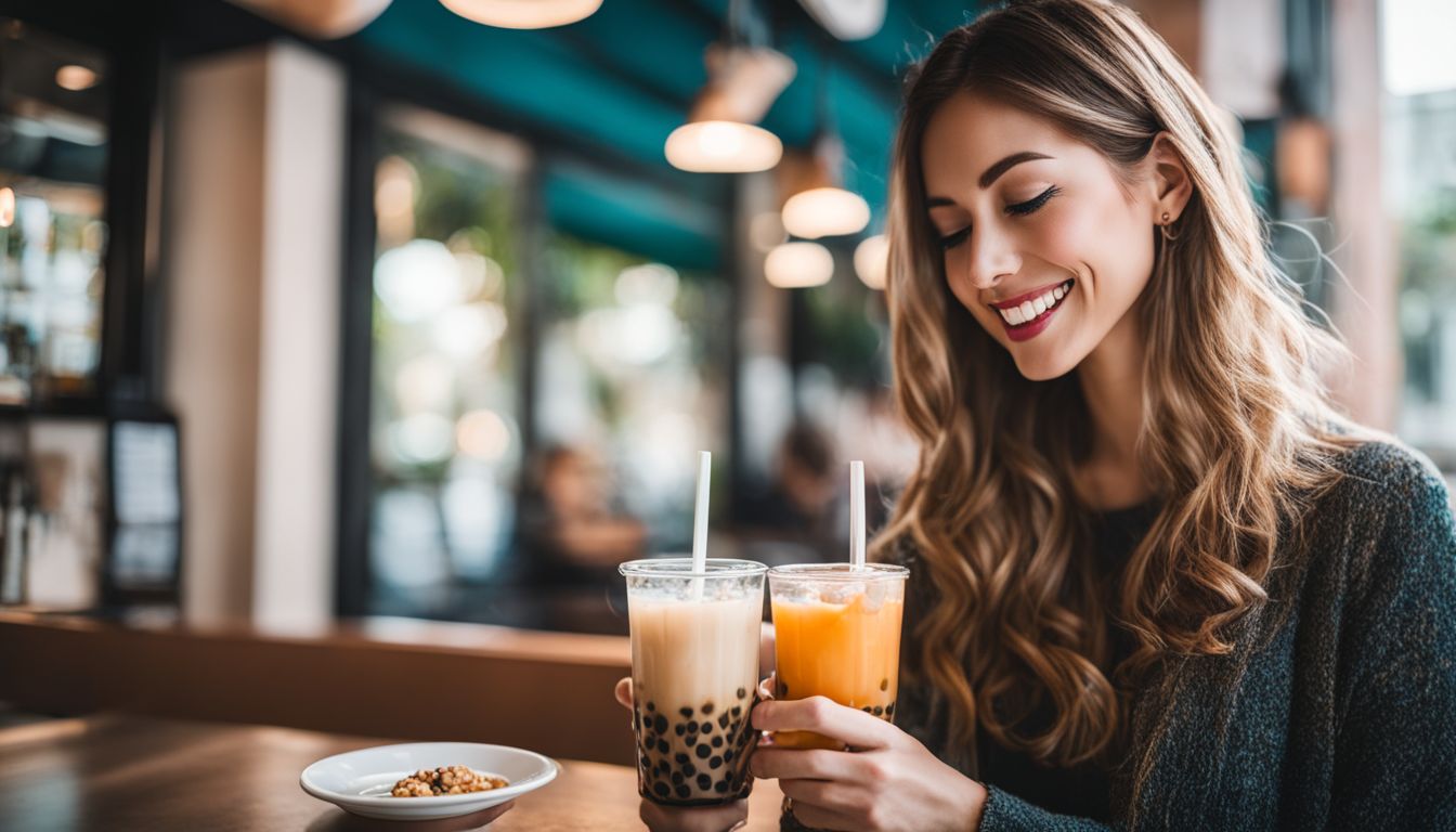 A woman enjoying boba tea in a vibrant vegan-friendly cafe.