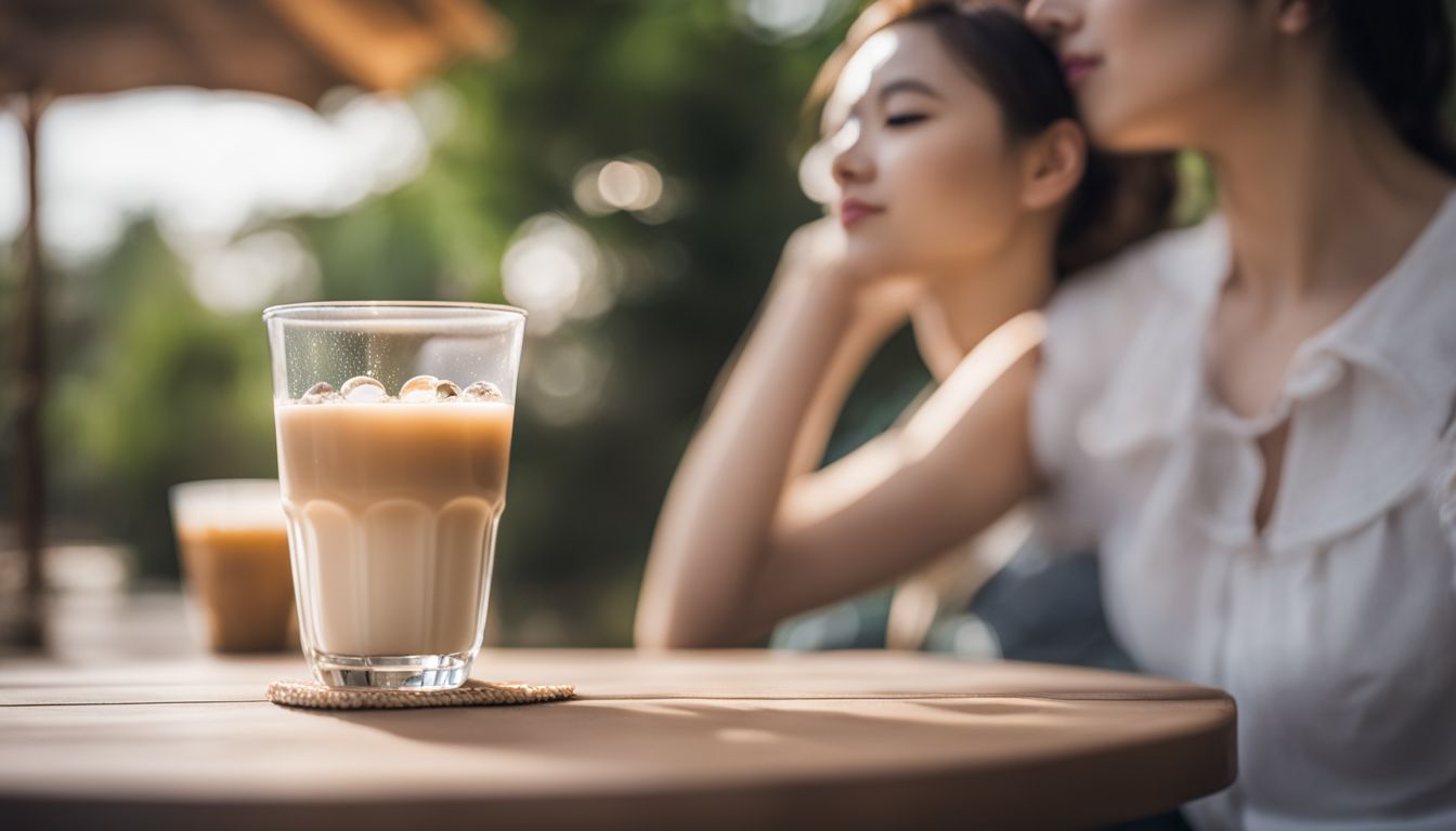A glass of milk tea with boba pearls in a natural setting with people.