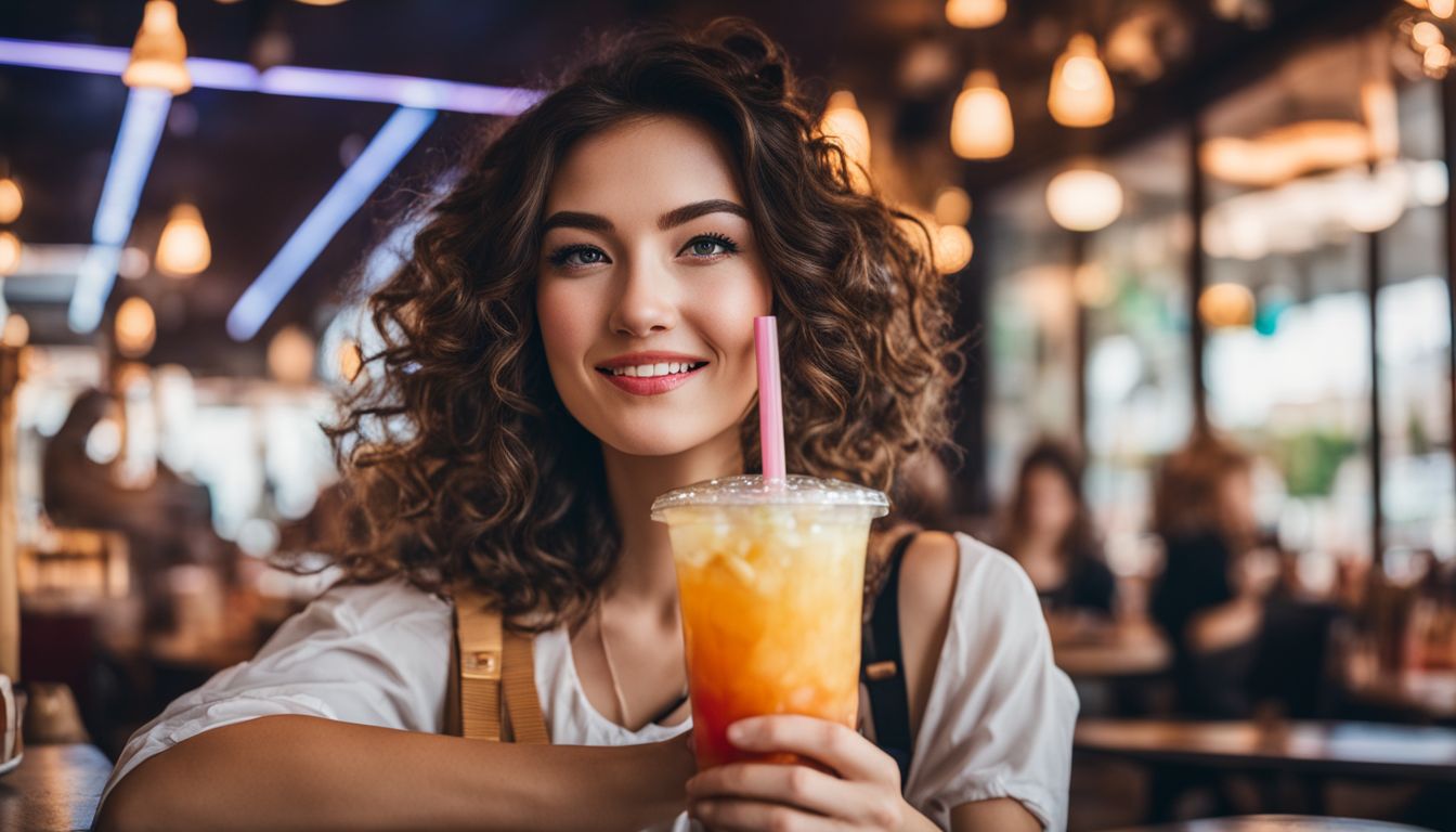 A person enjoying colorful vegan bubble tea with crystal boba in a vibrant cafe.