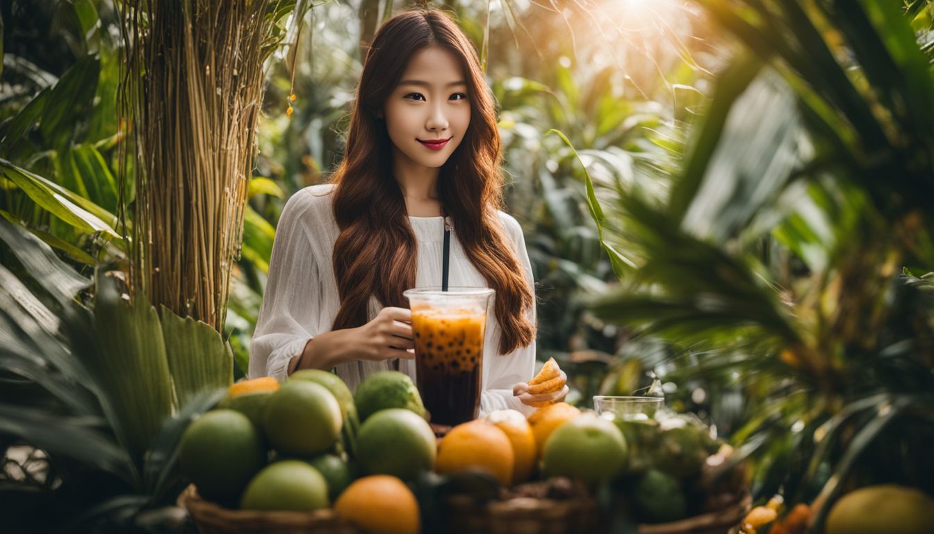 A photo of freshly brewed boba tea surrounded by tropical fruits and vibrant plants.