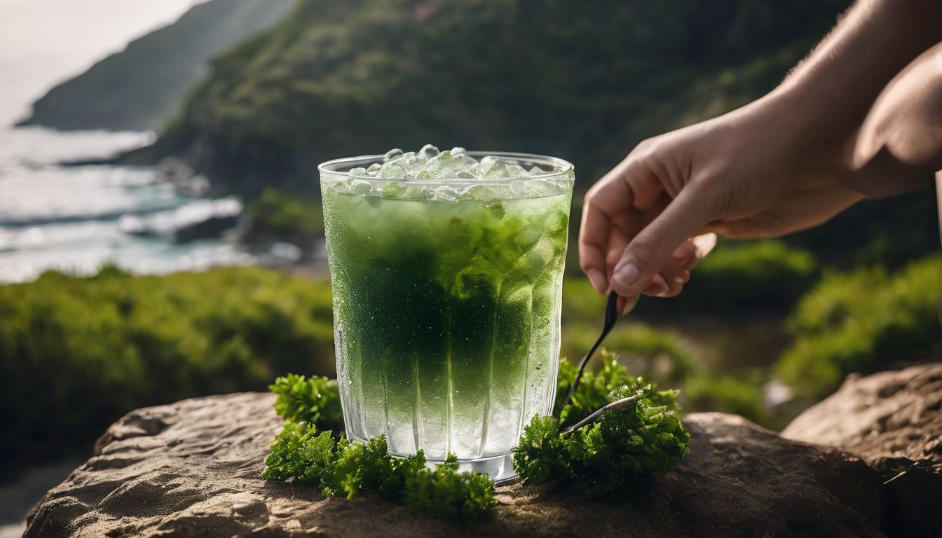 A person holding a refreshing crystal boba drink with seaweed pearls.