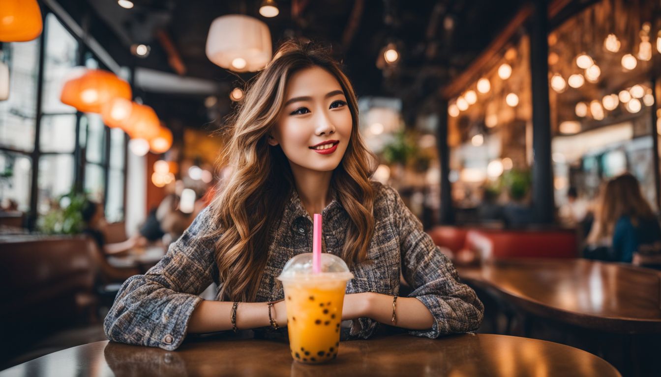 A person enjoying colorful bubble tea in a trendy cafe.