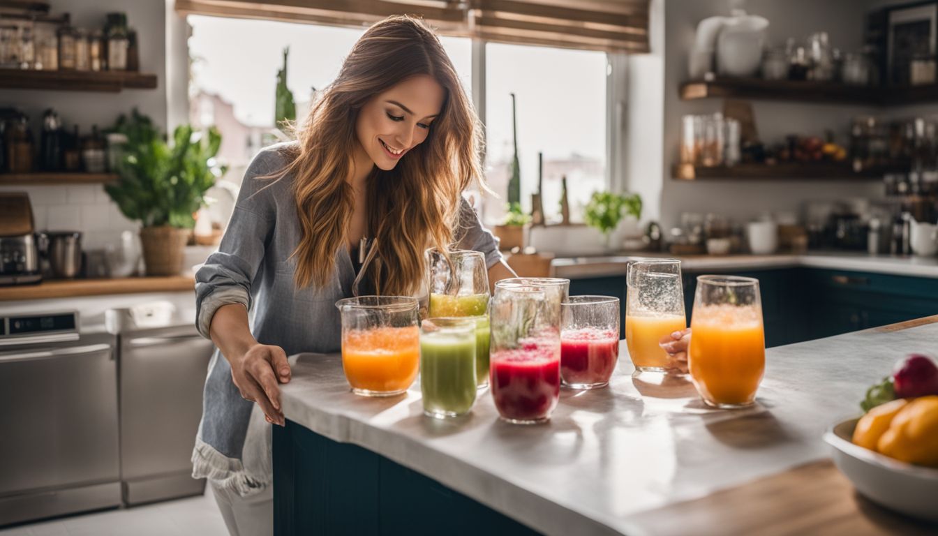 A photo of crystal boba being mixed with colorful fruit juices in a vibrant kitchen.