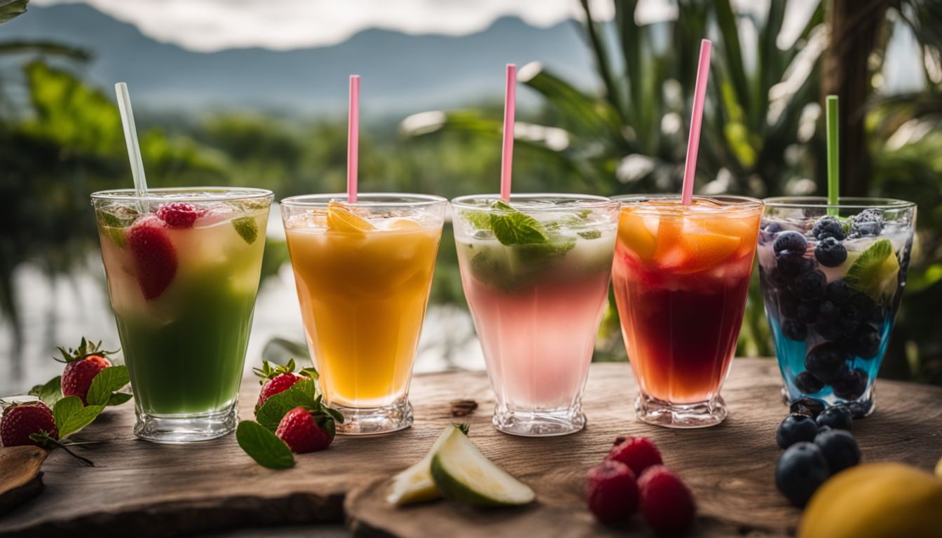 A vibrant photo of clear cups filled with colorful drinks and fruit.