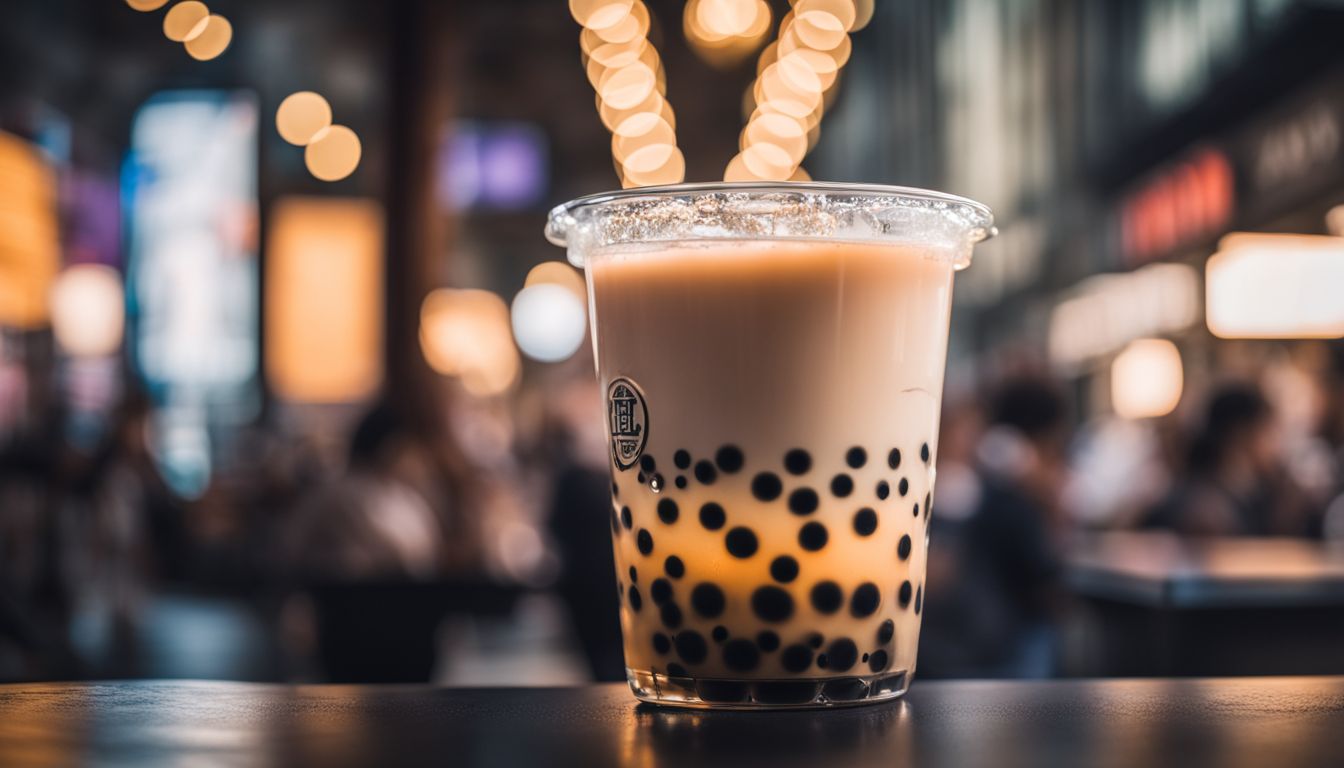 A refreshing glass of bubble tea with crystal boba pearls.