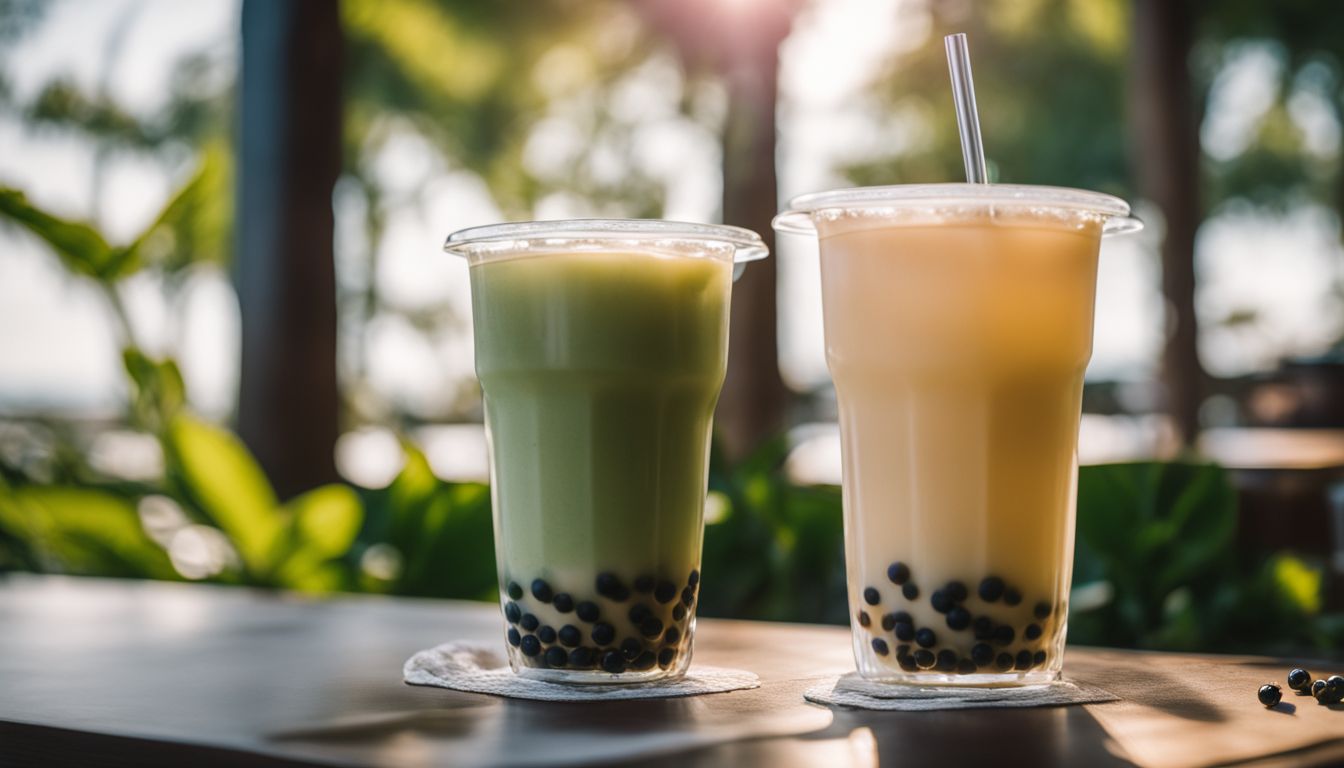 A glass of bubble tea with crystal boba pearls in a lush setting.