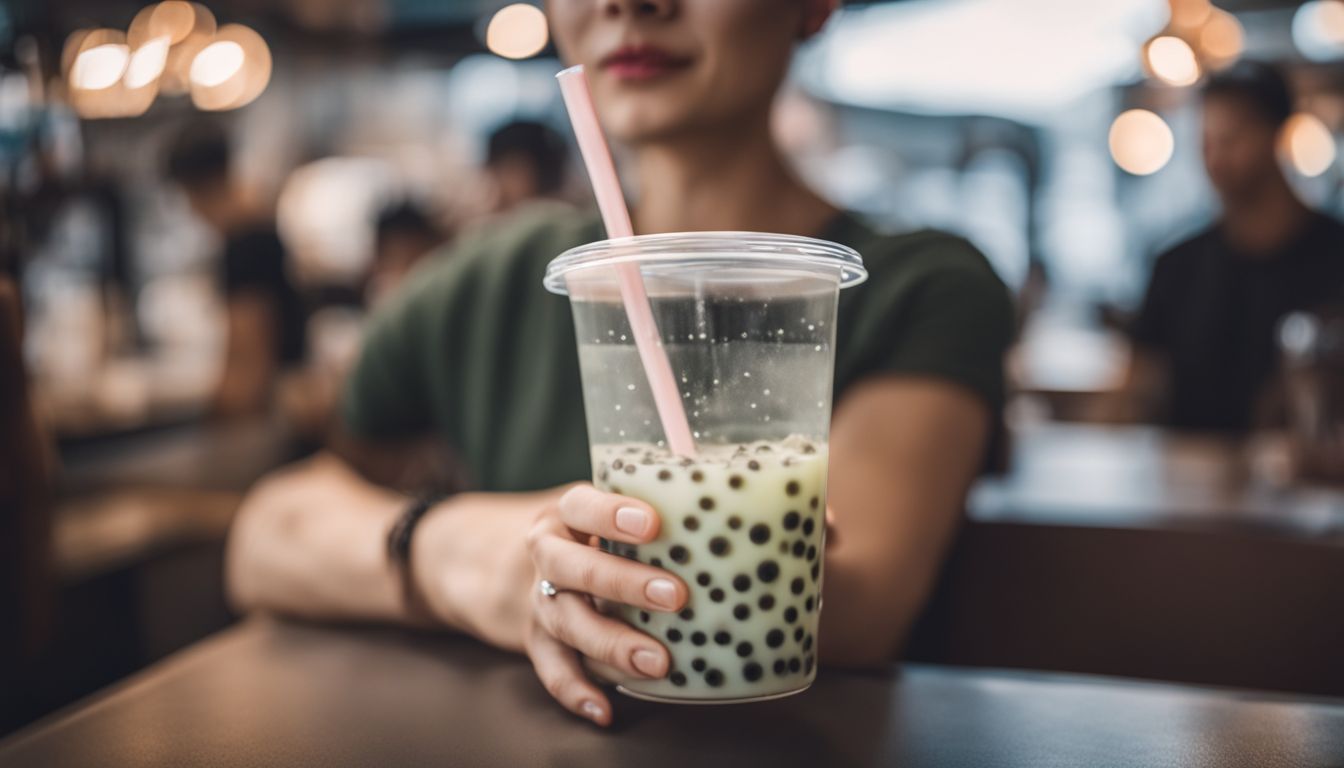 A hand holding a clear cup of bubble tea in a modern cafe.