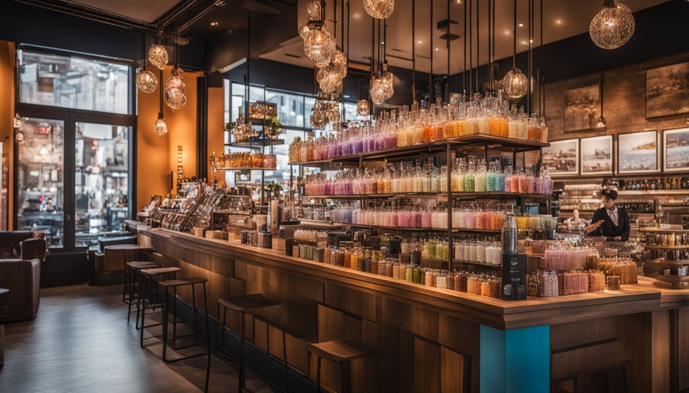A colorful display of crystal boba drinks and gift sets in a vibrant cafe setting.