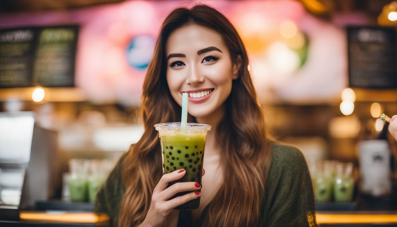 A woman holding a vegan crystal boba drink in a bubble tea shop.