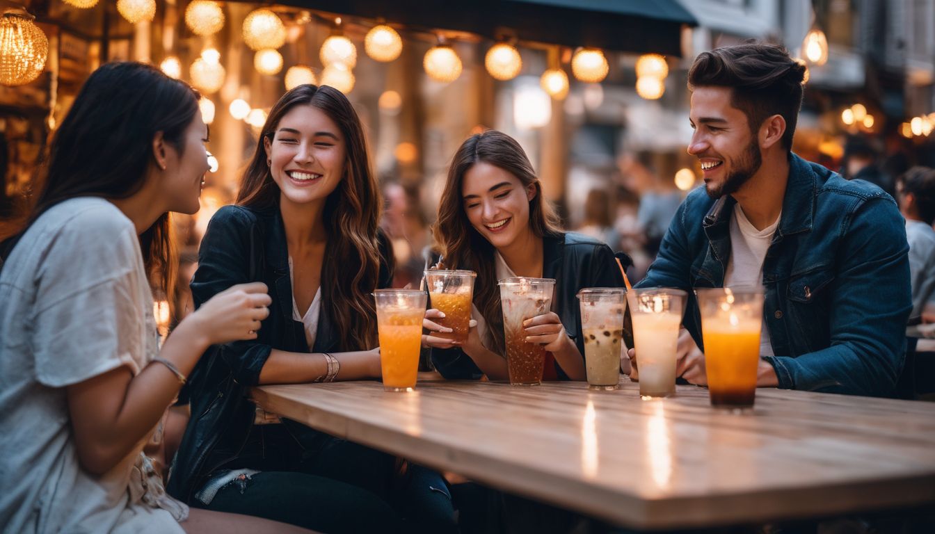 A group of friends sharing boba in a lively city setting.