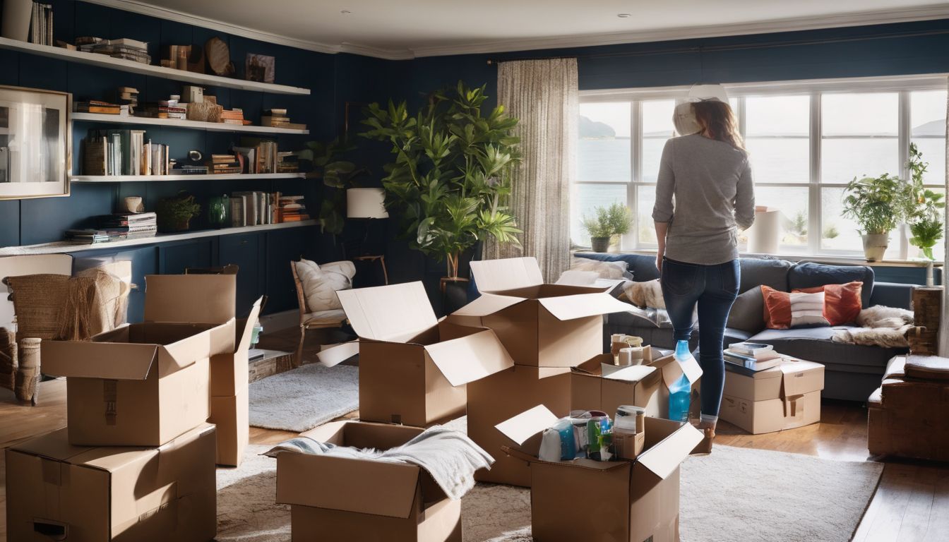 A person packing moving boxes in a bright, spacious living room.