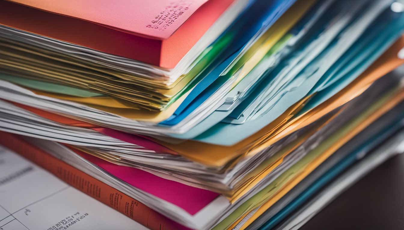 Colorful financial documents stacked on a modern, organized desk in an office.