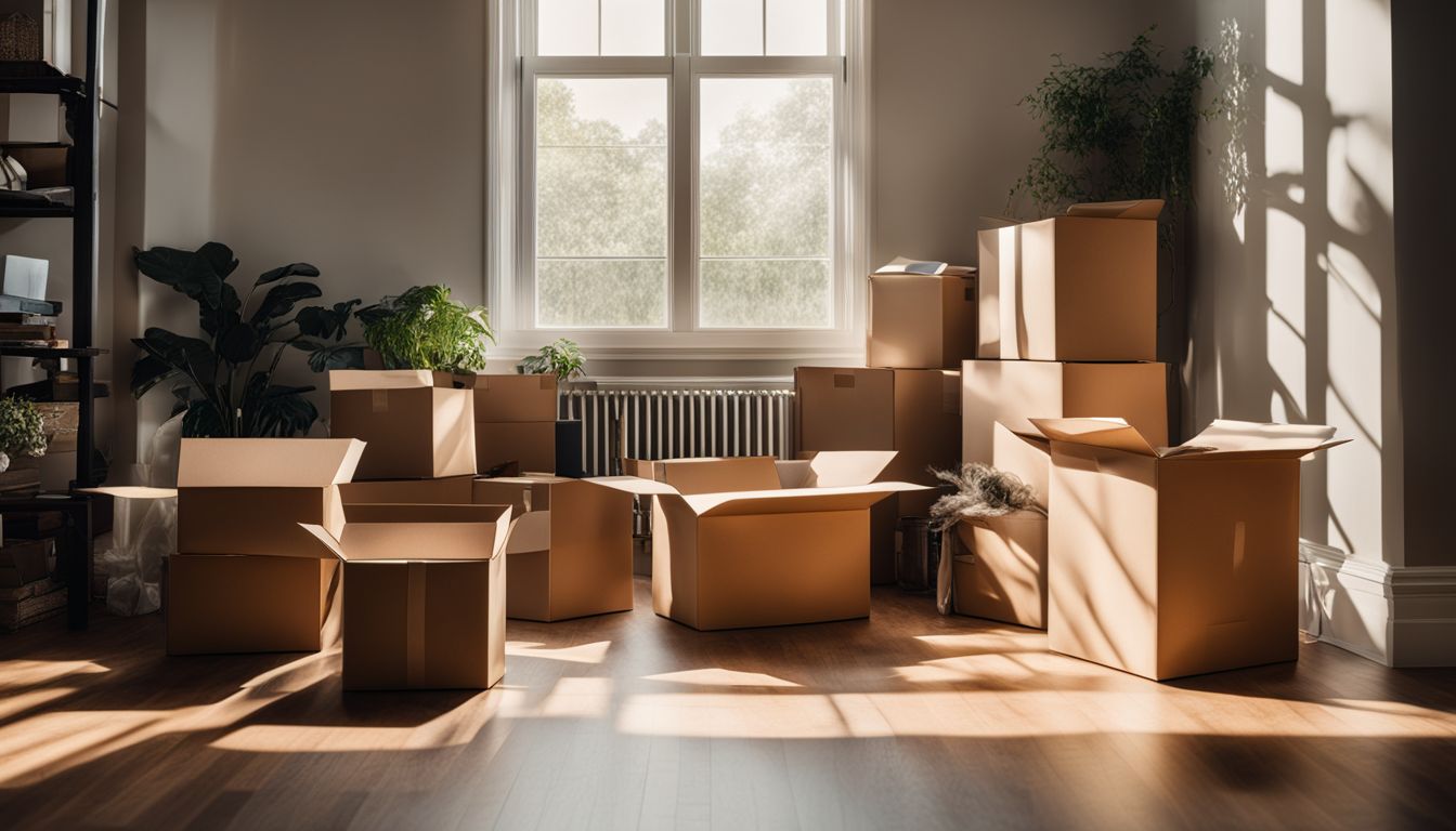 A room filled with moving boxes captured in high definition photography.