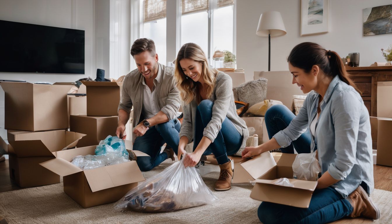 Professional packers efficiently packing up a family's belongings in a spacious home.