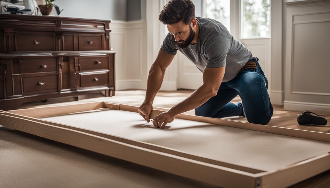 A professional mover assembling a disassembled bed frame in a customer's home.