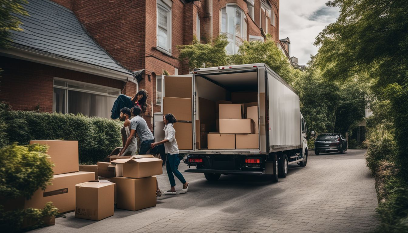 A moving truck in a driveway loaded with furniture and boxes.