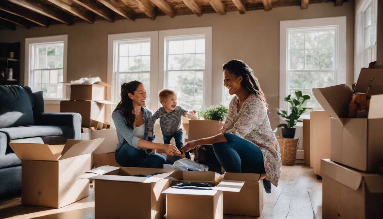 A family unpacking boxes in their new home, capturing a joyful moment.