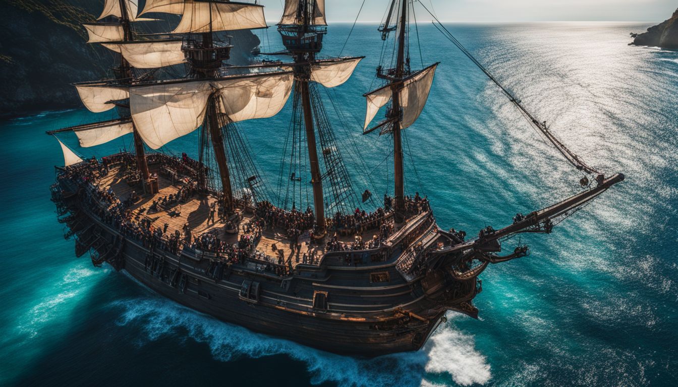 A pirate ship sailing through clear blue ocean waters.