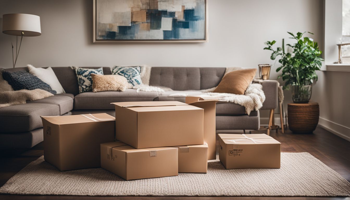 A stack of neatly packed moving boxes in a modern living room.
