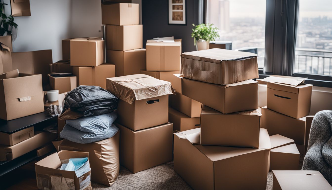 A stack of moving boxes surrounded by packing materials in a bustling atmosphere.