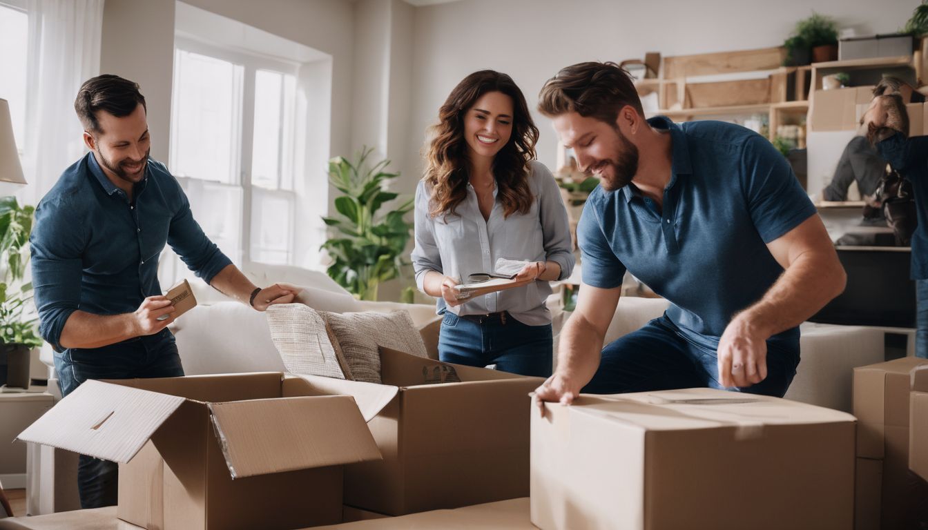 A professional moving team packing boxes in a well-lit living room.