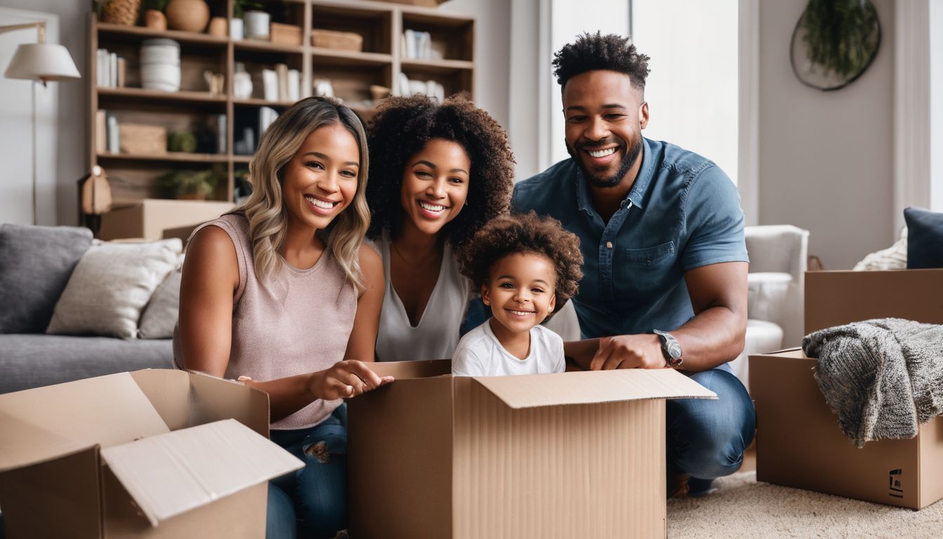 A joyful family unpacks boxes in their new home.