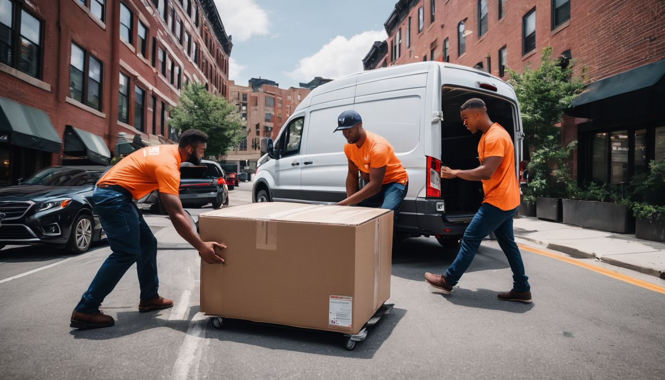 A team of movers loading furniture into a moving van in a city.