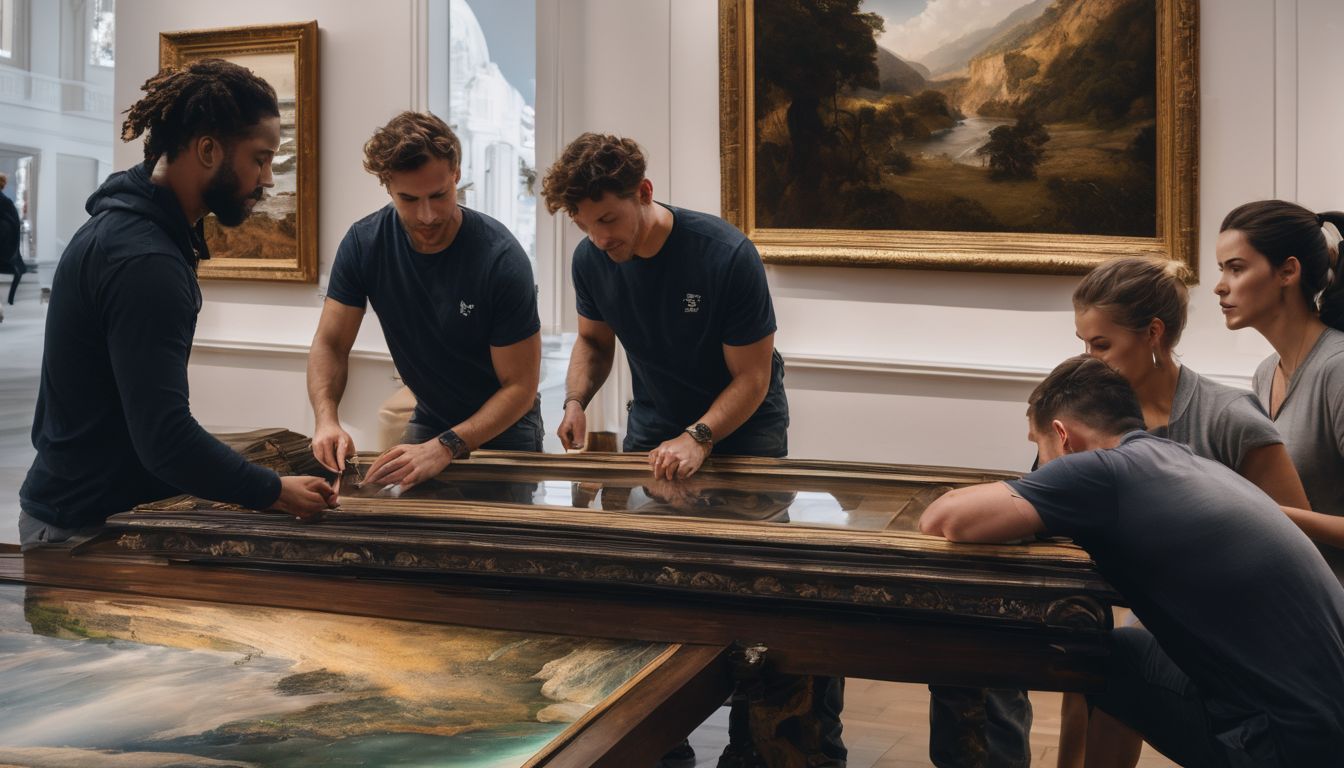 A team of movers handling delicate artworks in a gallery.