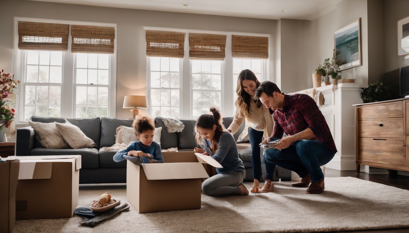 A family packing belongings into boxes in a well-lit living room.