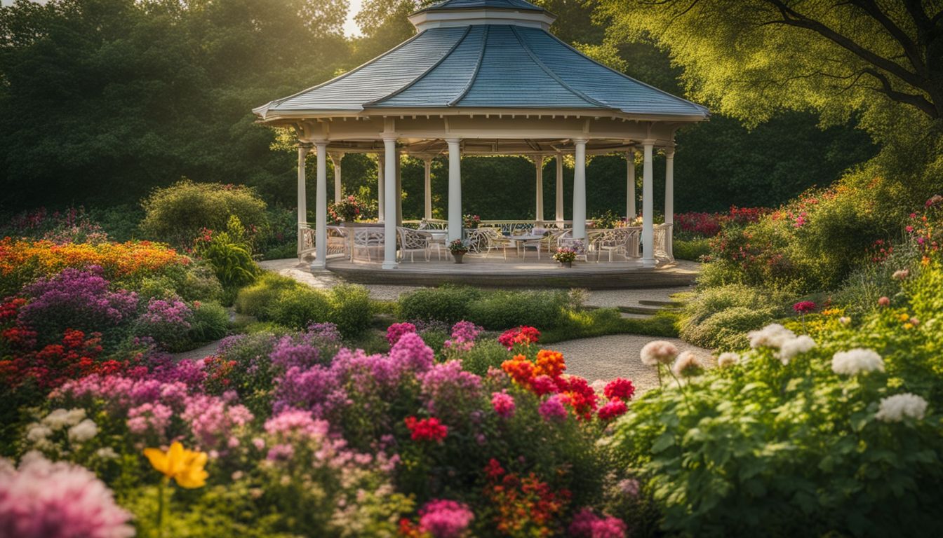 A vibrant garden with a gazebo and lush greenery.