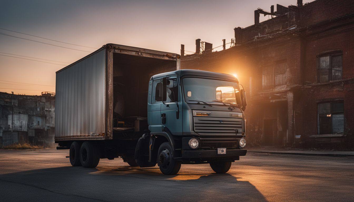 An abandoned moving truck in an urban setting at dusk.