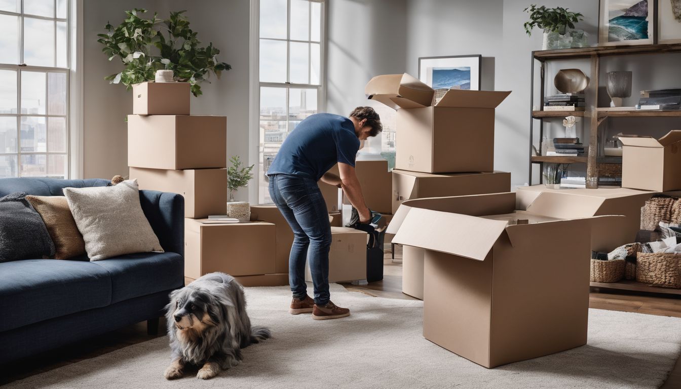 A professional packer skillfully arranging moving boxes in a spacious living room.