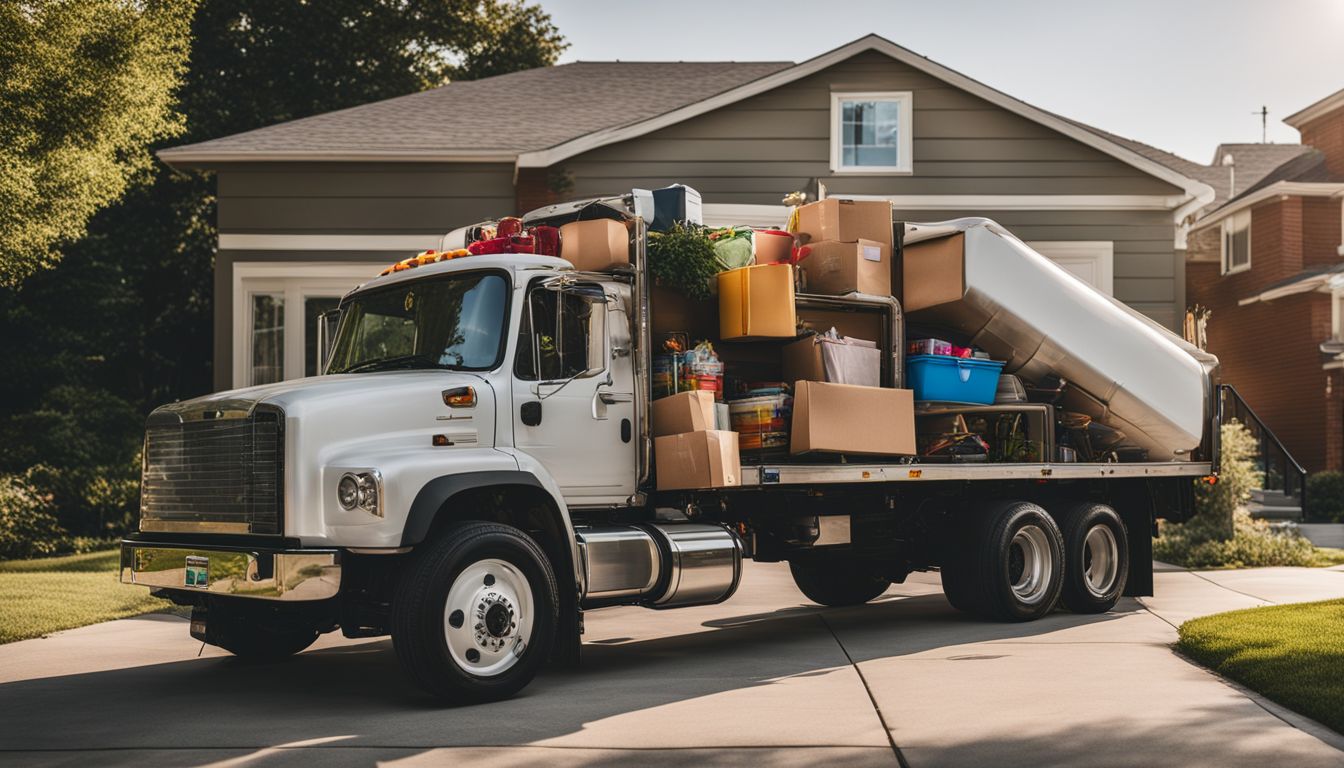 A moving truck in front of a suburban home loaded with household items.