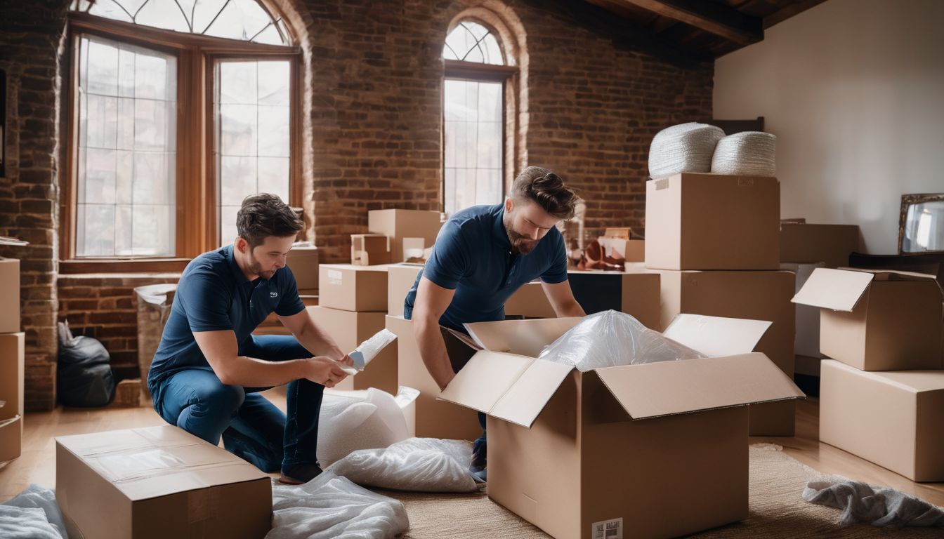 Professional movers carefully packing delicate items into moving boxes.