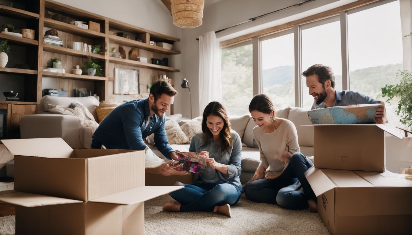 A family unpacks moving boxes in a bright living room.