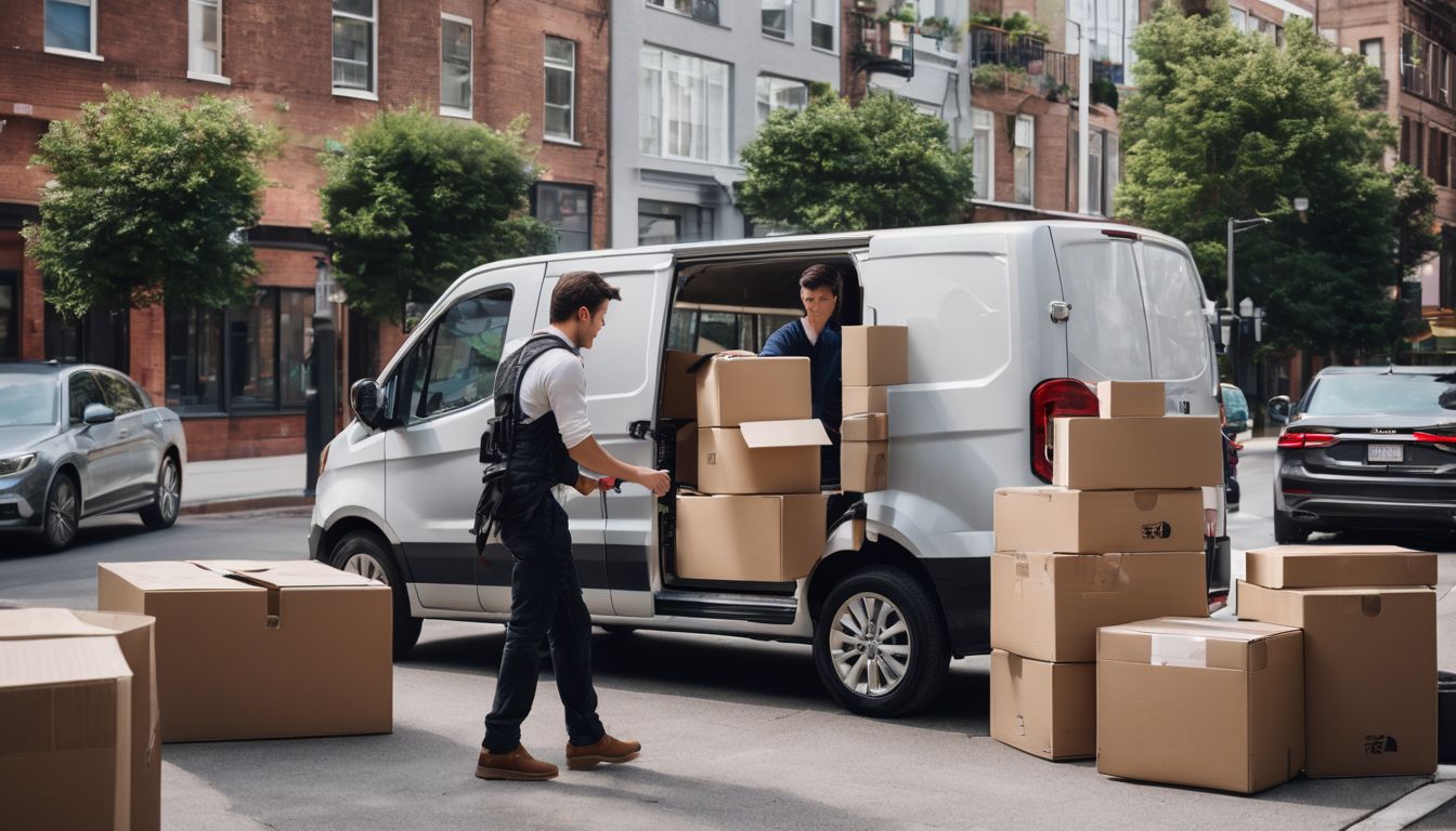 Two people loading boxes into a removal van in a city.