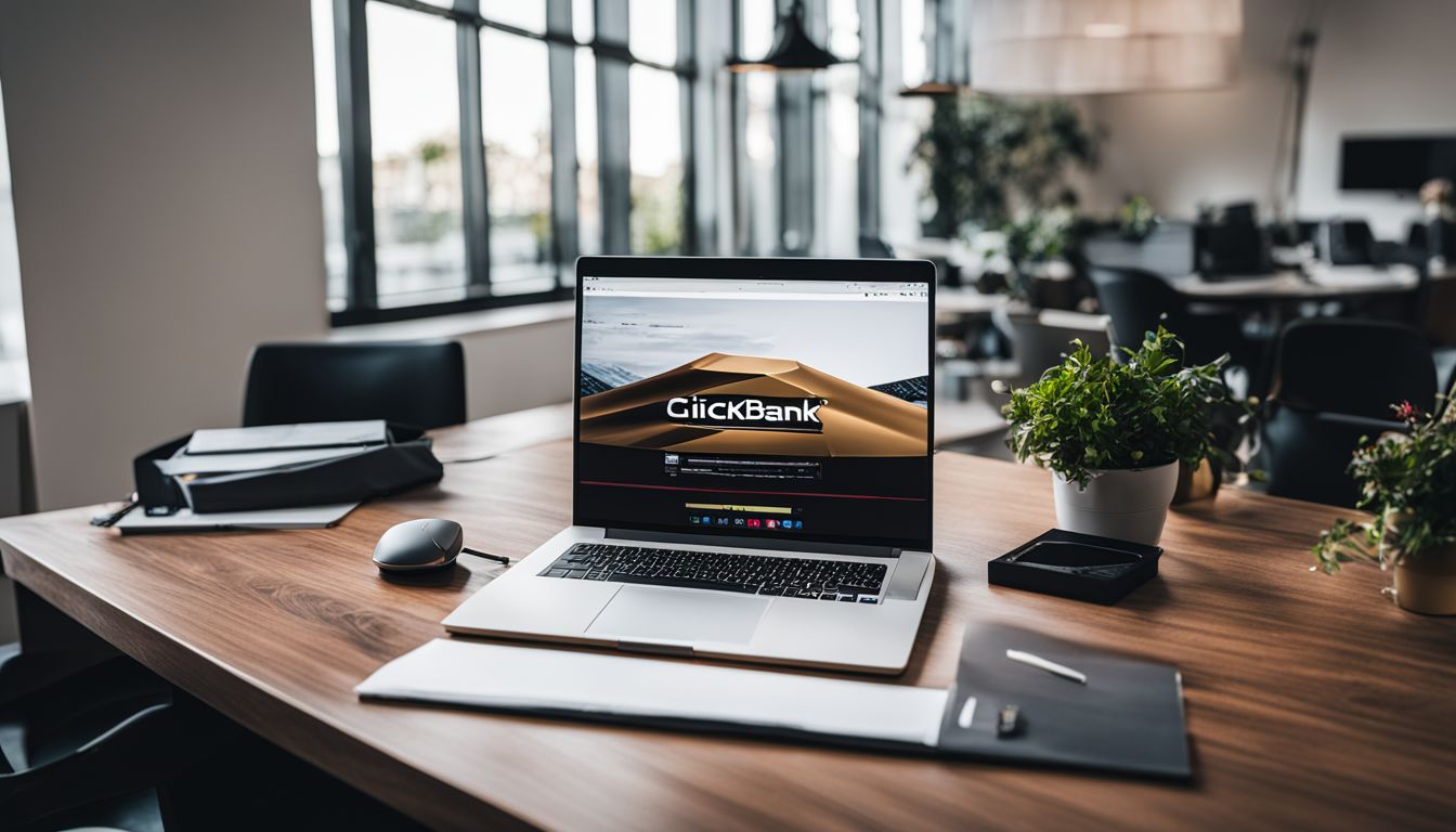 A laptop with ClickBank software open in a modern office setting.
