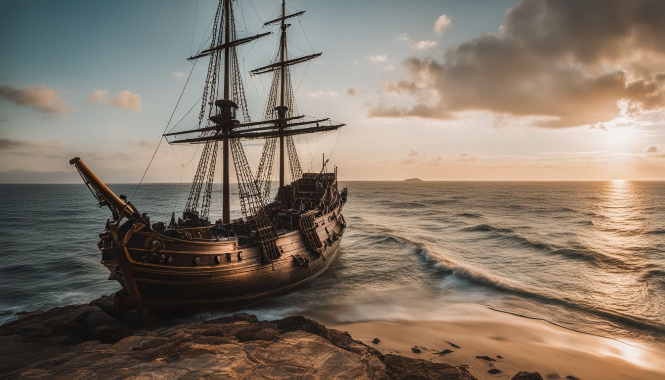 A vintage pirate ship sailing on a calm, sun-kissed sea.