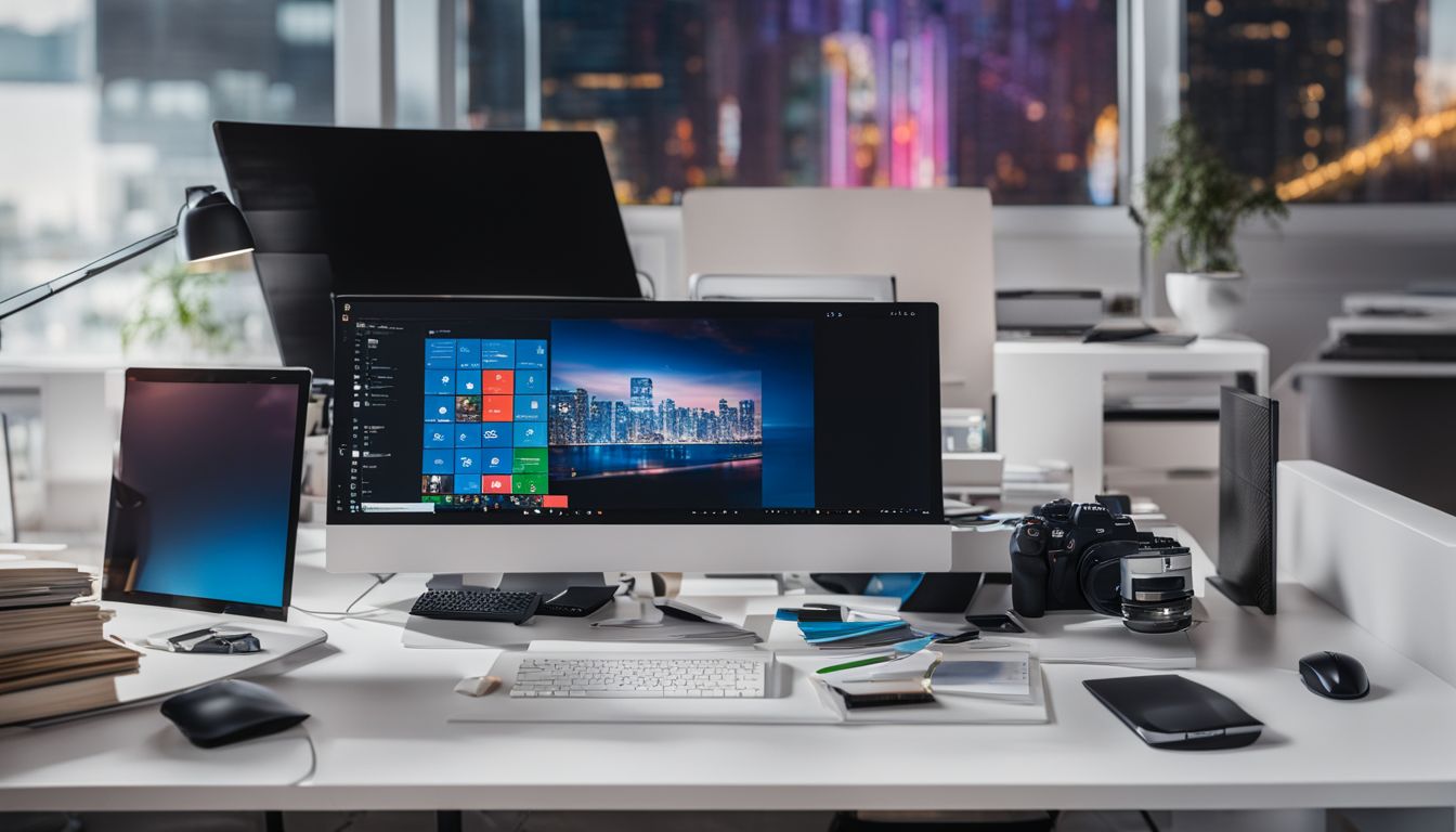 A desktop computer surrounded by office supplies and cityscape photography.