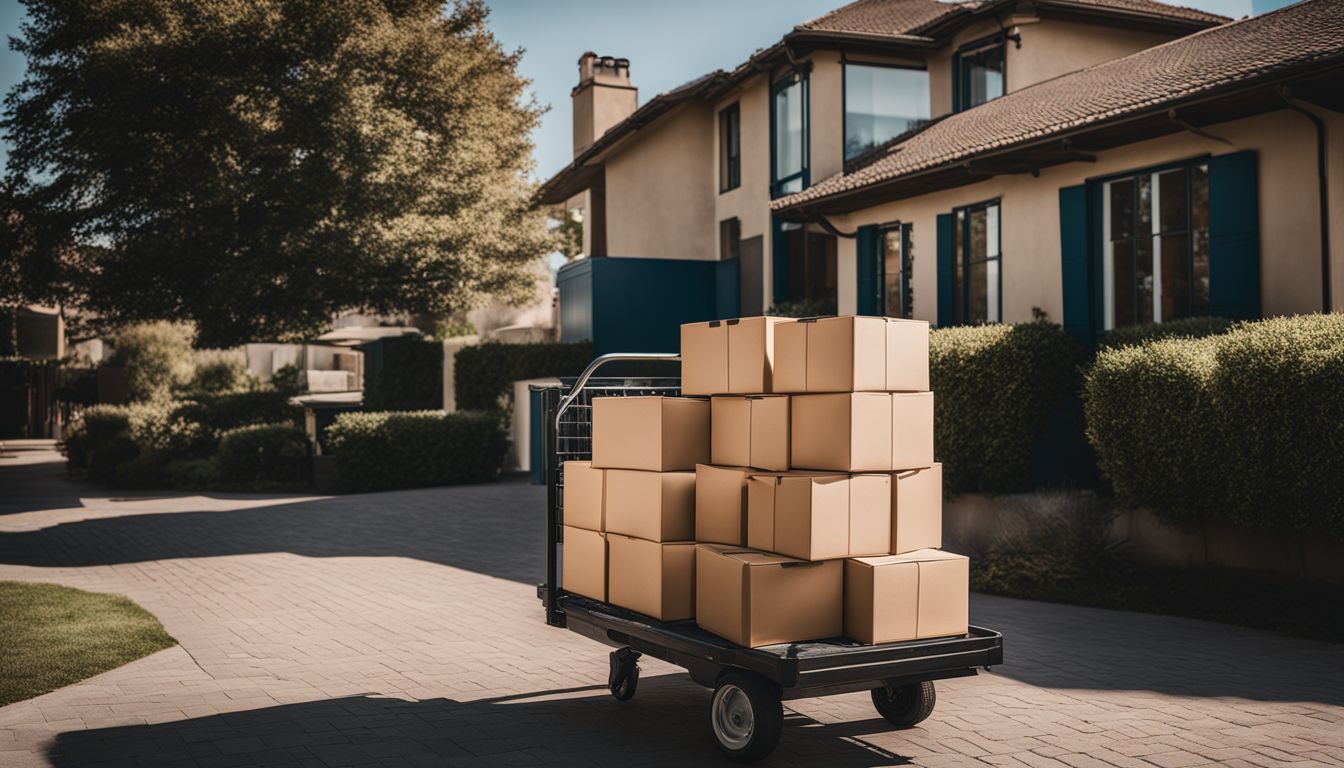 A stack of moving boxes on a trolley in front of a house.