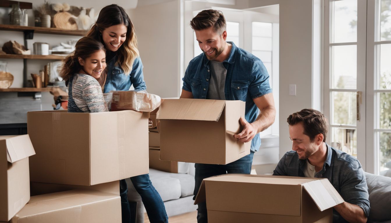 A family unpacking boxes in their new home with moving company workers.