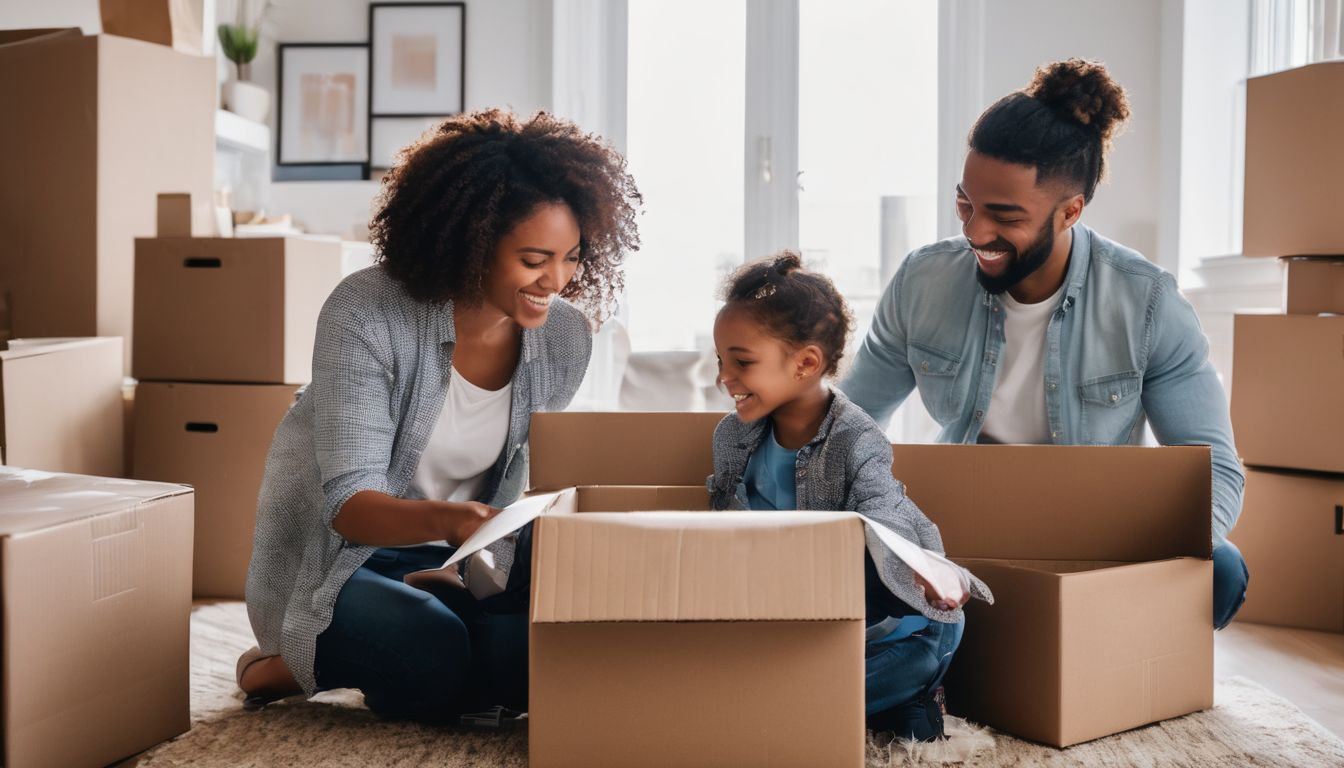 A family moves into a new home, unpacking boxes in the city.
