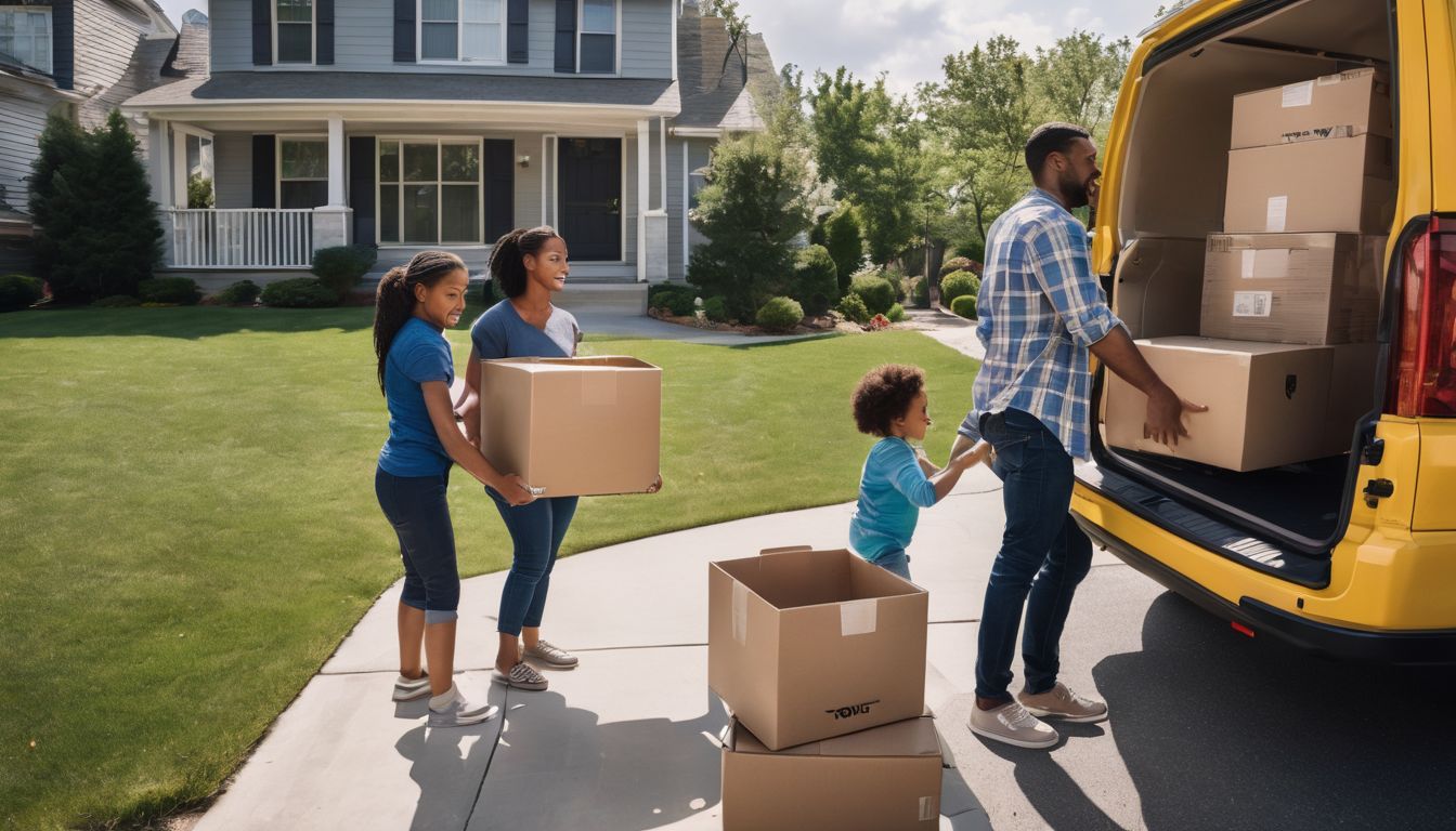 A family unloads moving boxes from a van in a suburban neighborhood.