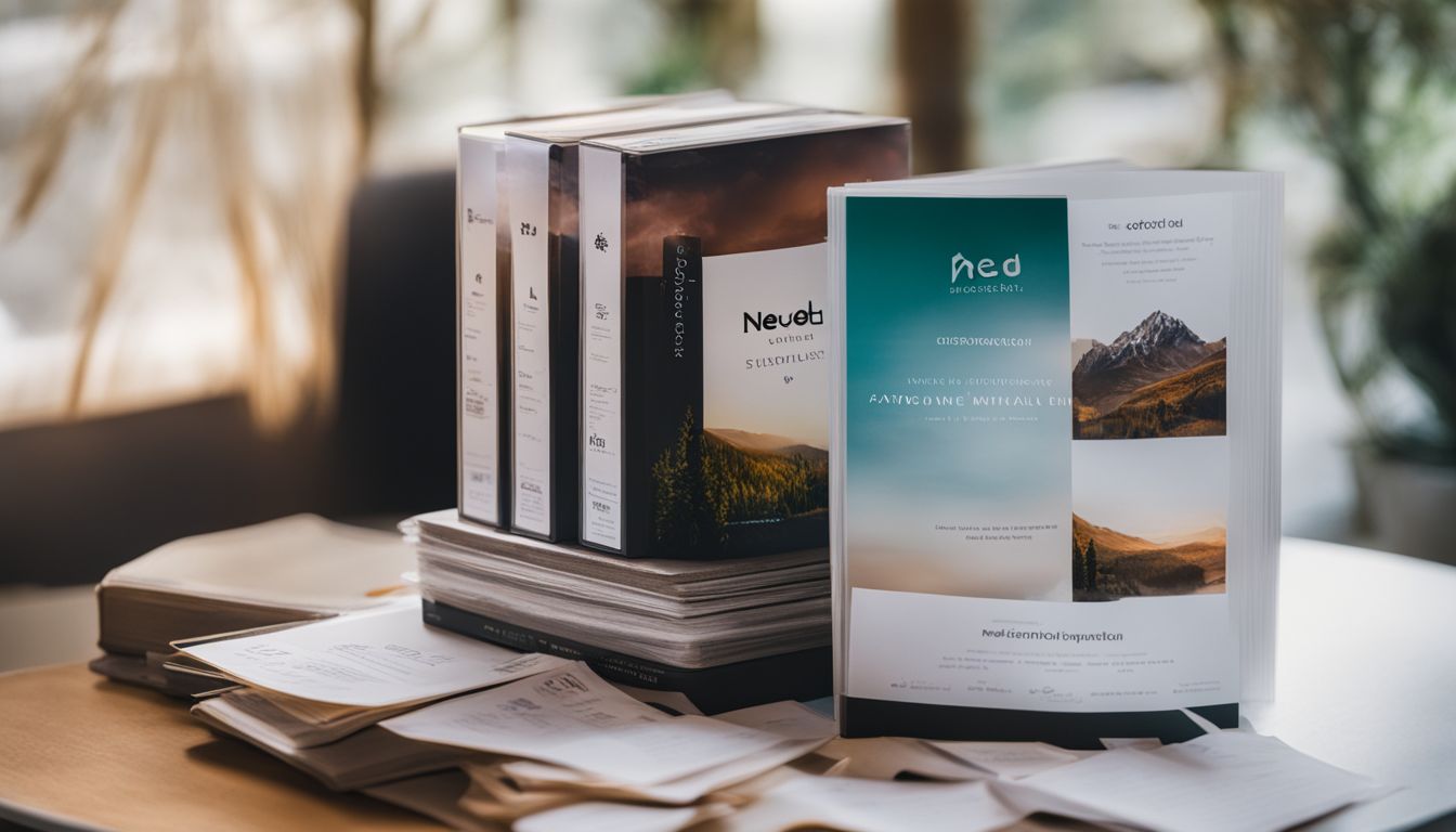 A stack of NEOED pricing plans surrounded by educational material.