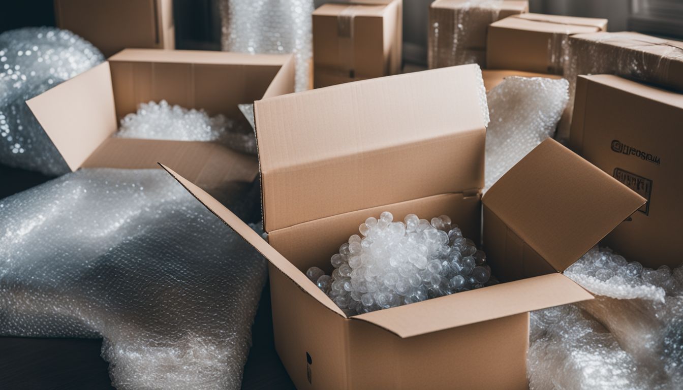 A neatly packed moving box surrounded by bubble wrap and packing tape.