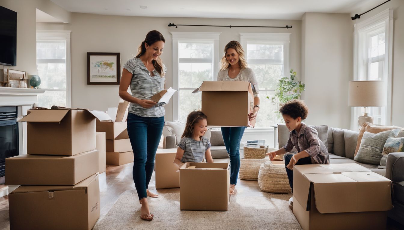 A family packing and labelling moving boxes in an organised living room.
