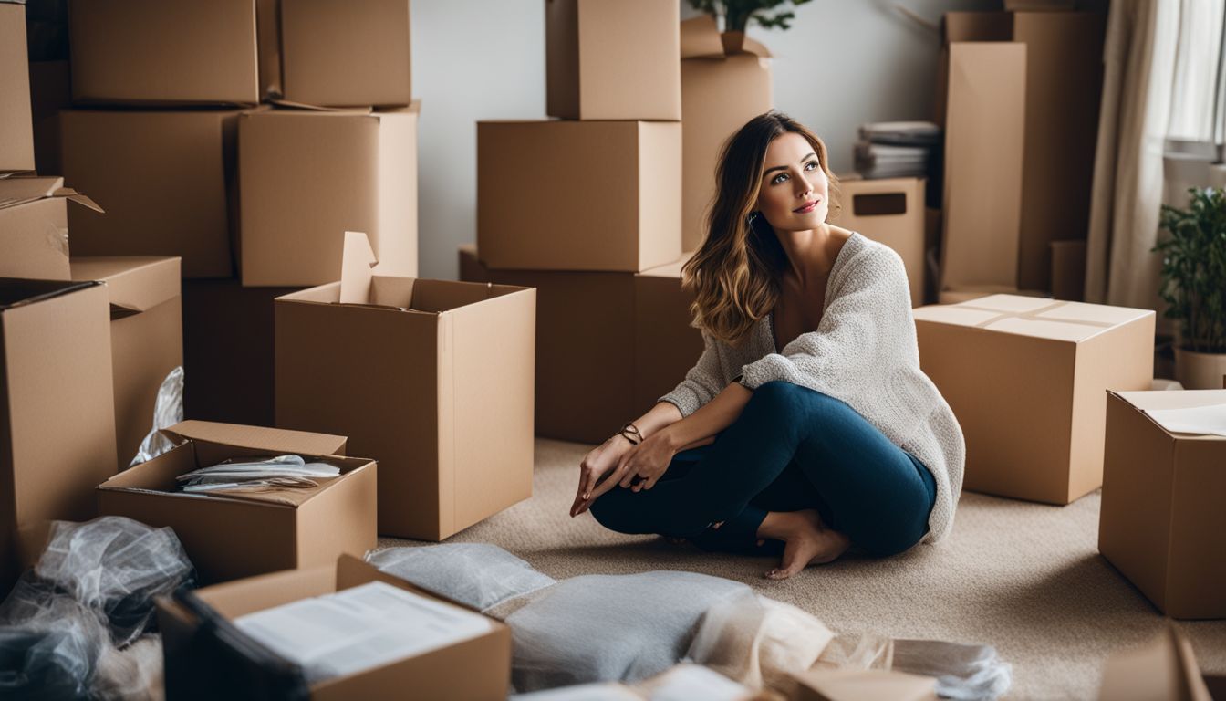 A woman packing and organising moving boxes in her home.