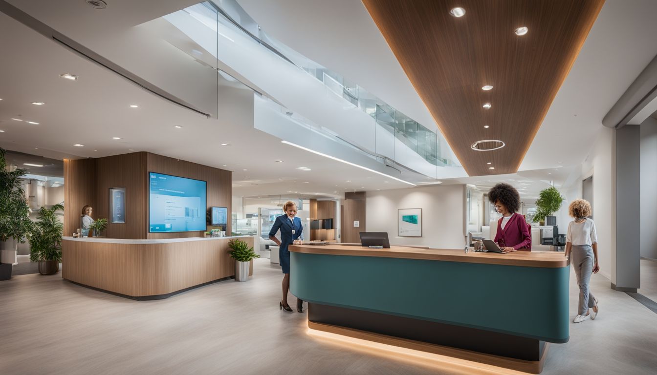 A modern hospital reception area with staff using digital workforce management.