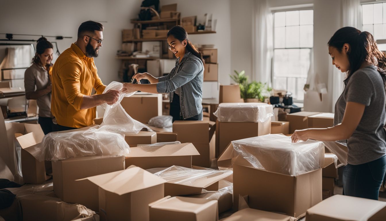 Professional packers carefully wrapping and boxing items in a bustling atmosphere.